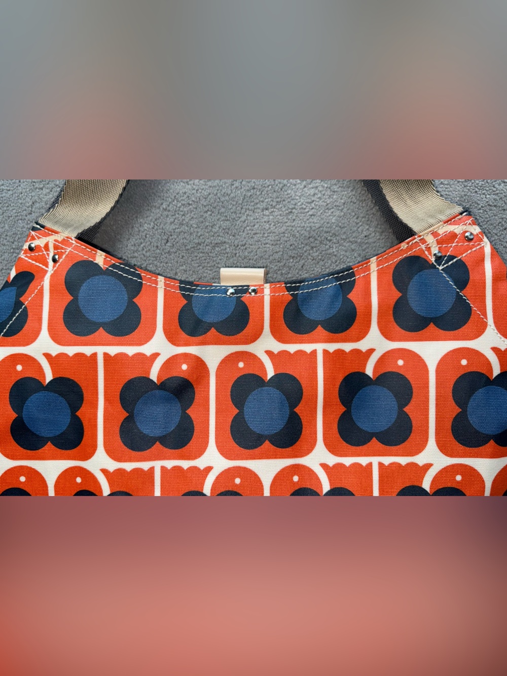 Orla Kiely Retro Lovebirds Orange/Blue Tote with  Waterproof Shell - Picture 6 of 11